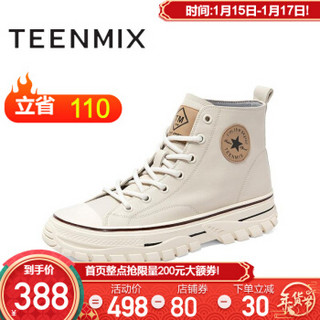 Teenmix/天美意 商场同款时尚高帮厚底马丁靴短靴女鞋2019秋AV011CD9 米白色 34