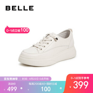 BELLE/百丽秋新商场同款牛皮革女小白鞋车缝线厚底中跟休闲鞋91137CM9 米白 34