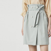 丽丽 LILY【2020新款】H型双排扣系腰带高腰短裙半身裙 L 粉绿
