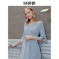 Lagogo夏季新款女条纹V领不规则喇叭五分袖气质收腰中长款连衣裙
