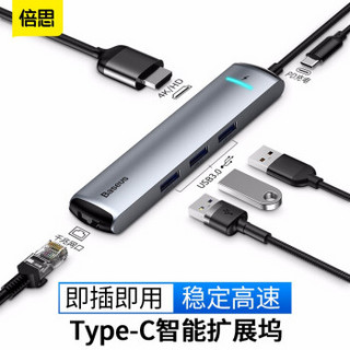 倍思 typec扩展坞 转接器HDMI拓展usb3.0分线器网口PD华为苹果电脑转换器MACBOOK 【六合一】3USB+HDMI+PD+千兆网口