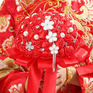 梦桥（B&D）婚庆用品新娘手捧花韩式结婚婚礼手捧花仿真红色玫瑰花套装