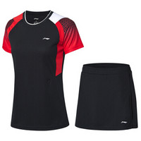 李宁（LI-NING）运动短袖套装女款速干短袖上衣短裤羽毛球服套装 AATP018-2 黑 L码/170