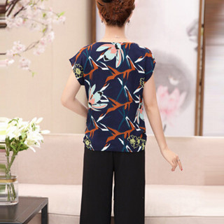 俞兆林 中老年女装女士韩版宽松短袖T恤套装妈妈装上衣+裤子两件套 YWMM19-85 藏青色 XL
