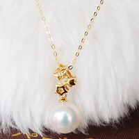 Pearlyuumi Akoya珍珠K18三颗星钻石项链 D0.01ct 1pcs