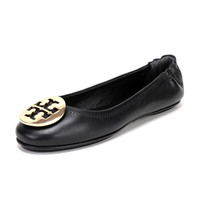 TORY BURCH 托里·伯奇 奢侈品 TB女鞋 黑色金色LOGO装饰皮革平底鞋船鞋 50393 013 8/38码