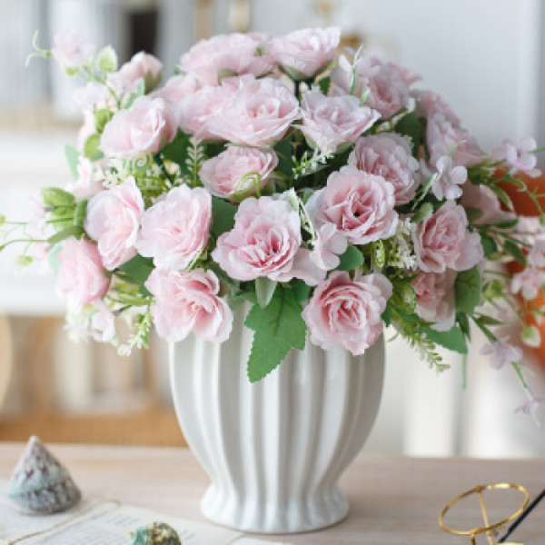玫瑰花束餐桌花盆客厅落地装饰干花假花绢花插花轻奢家居摆设陶瓷花瓶