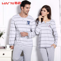 韩彩睡衣男长袖纯棉春秋薄款家居服套装 浅麻灰 175/100(XL)