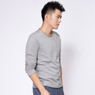 水洗精梳棉长袖圆领毛边男式t恤 精梳棉圆领打底衫 纯色男士小衫 花