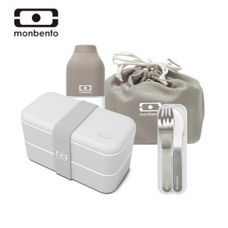 法国monbento 原创双层日式分隔便当盒上班族饭盒可微波炉加热保鲜餐盒 冰川灰大套装