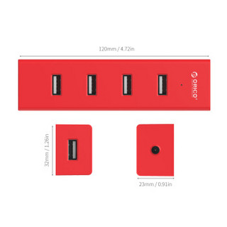 奥睿科（ORICO） USB分线器2.0桌面多口扩展集线器笔记本电脑一拖四/七口HUB带电源接口 H4013-U2-红色 线长1米
