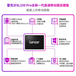 雷克沙（Lexar）移动硬盘1T固态（PSSD）Type-C高速USB3.1 SL100 PRO 移动固态硬盘1TB