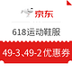 移动端：京东 618运动鞋服分会场 49-3白条券、49-2支付券