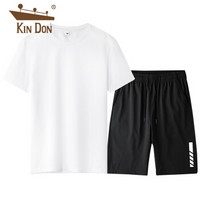 金盾 KIN DON T恤套装男士 2020夏季青年圆领套头T恤印花系带五分短裤2件套休闲套装 TX001白+MZX8819黑 2XL