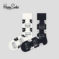 Happy Socks卡通黑白图案可爱猫咪潮袜子春夏季中筒男女情侣长袜