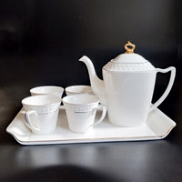 瓷时尚陶瓷茶具套装带托盘纯白金边浮雕中式泡茶壶水具套装1壶4杯1茶盘 *3件