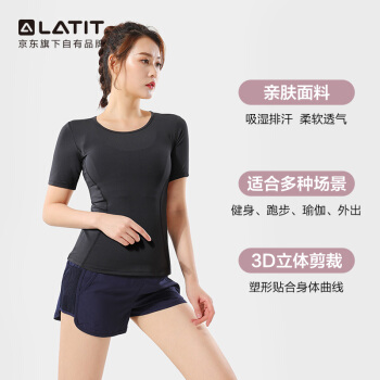 LATIT 运动套装女瑜伽服夏短袖修身显瘦健身跑步运动T恤防走光短裤两件套 黑色上衣+藏蓝色短裤-短袖两件套-L