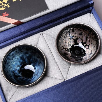 隐庐彩金蓝油滴情侣对杯建盏茶杯