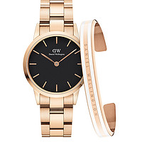 Daniel Wellington DanielWellington)新品 DW手表 28mm黑盘金边欧美时尚女表DW00100214+中号手镯(礼盒装)