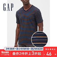 Gap男装纯棉透气V领短袖T恤夏季418450 时尚条纹潮流男士上衣