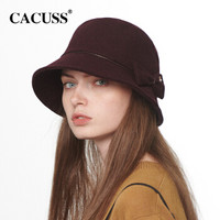 CACUSS L0127帽子女秋冬季韩版纯色时尚羊毛毛呢盆帽蝴蝶结优雅礼帽 酒红