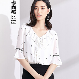 尚都比拉（Sentubila） 2019女装新品气质V领系带荷叶边印花雪纺衫 T182V0720480 白底花色 L