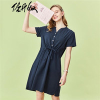 佐丹奴(Giordano) 连衣裙 裙棉质工装风V领抽绳短袖连衣裙05460345 66标志海军蓝 小码