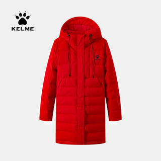 KELME/卡尔美 秋冬新款纯色羽绒服连帽保暖中长款白鸭绒外套女36942027 红色 M/160