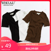 WHOUA夏季女士纯色休闲圆领短袖中长款针织衫女WHKA822F19