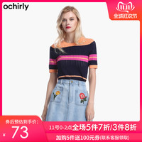 欧时力2019秋装撞色条纹短袖套头针织衫女1GY1030240
