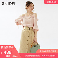 SNIDEL春夏 仙女露肩吊带抽绳流苏灯笼袖雪纺衫SWFB181132