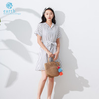 earthmusic夏季新款蝴蝶结系带条纹V领衬衫连衣裙1L182H70070