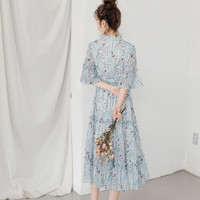 韩都衣舍2020夏装新款韩版女法式复古雪纺桔梗裙蓝色碎花连衣裙僥