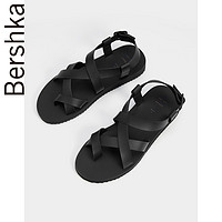 Bershka男鞋 2019新款黑色罗马凉鞋休闲绑带沙滩鞋男17300132040