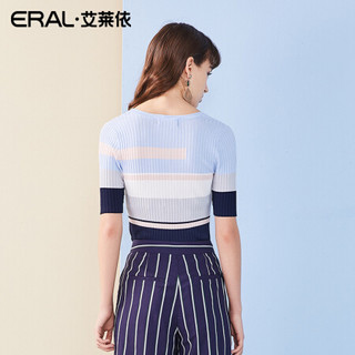 ERAL/艾莱依商场同款条纹半袖套头薄款针织衫女修身韩版601821014 天空蓝 155/80A/S