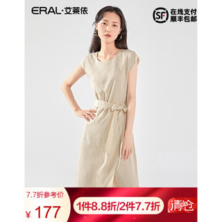 艾莱依2020年春夏新款系带过膝长裙圆领无袖连衣裙女6019AA28318 沙壳杏 155