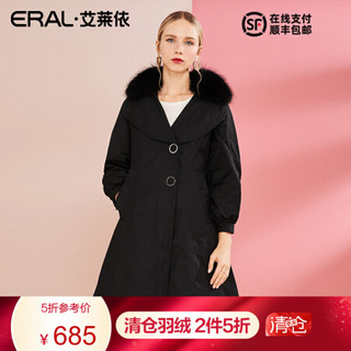 ERAL/艾莱依大毛领羽绒服女2019冬季新款收腰显瘦大衣 黑色 160/84A/M