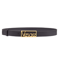 VERSACE范思哲男士黑色腰带Versace复古Logo腰带扣牛皮 黑色金色头 80
