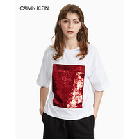 CALVIN KLEIN/CK 2020春夏款女装 彩色双面珠片短袖T恤W76145006C 100-白色 M