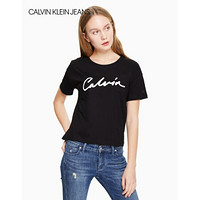 CK JEANS 2020春夏款 女装纯棉Logo短袖T恤J213749 BAE-黑色 XS