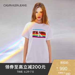 CK JEANS 2020春夏新款女装 纯棉彩虹LOGO图案连衣裙 J214500 YAF-白色 XS