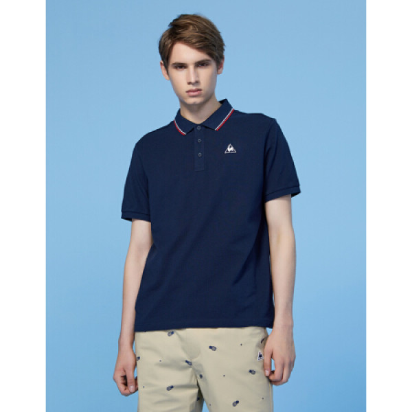 商品乐卡克法国公鸡领口蓝白红三色翻领polo短袖t恤男 藏青 l