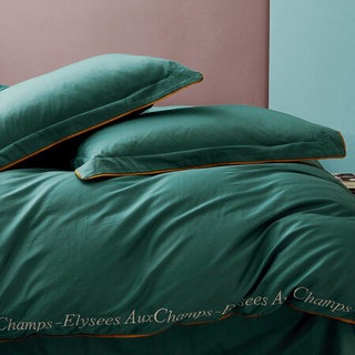 大朴家纺 A类件套 精梳缎纹300根绣花四件套简约北欧风纯棉纯色轻奢床上用品被套床单 孔雀绿 1.5米床