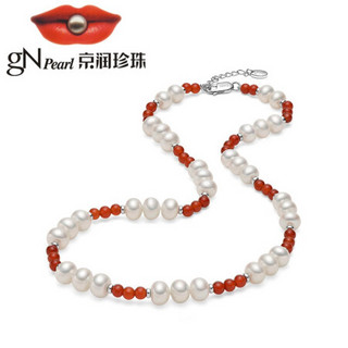 京润 绮丽淡水珍珠项链白色近圆形珍珠配红玛瑙珍珠项链女 8-9mm 43cm+3cm