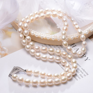 京润 流心S925银镶白色淡水珍珠项链毛衣链长项链 7-8mm米形珍珠 65cm