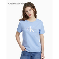 CK JEANS 2020春夏款女装 纯棉撞色Logo圆领短袖T恤J214386 CDN-蓝色 M