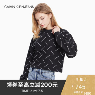 CK JEANS 2020春夏款 女装纯棉Logo圆领长袖卫衣 J212950 0GJ-黑色 S