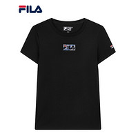 FILA 斐乐官方女子短袖T恤2020新款基础时尚镶钻休闲LOGO打底衫 正黑色-BK 175/92A/XL