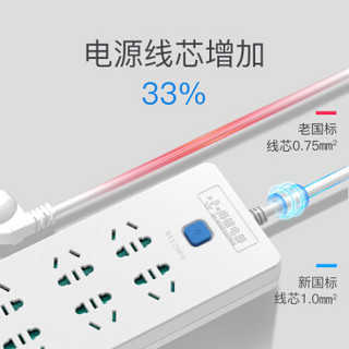 海锚HM-606全长3米新国标六孔位家用多孔总控开关电源插排/接线板/拖线板带线/延长线插座/排插线板smzdm