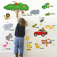 侑家良品趣味动物英文幼教墙贴纸儿童房卧室客厅装饰可移除墙贴画